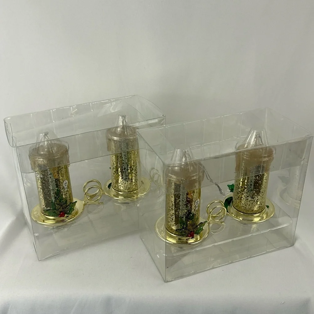 NWT 2 Packs of 2 Candle Decor Battery Clips Gold Sparkle Holly Holiday Christmas